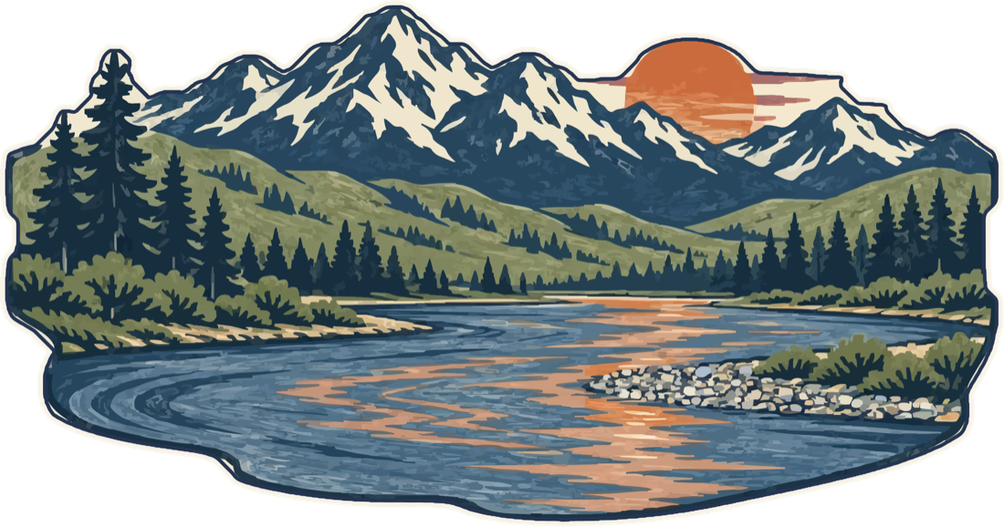 The Frontier State mark: mountains, pines, and a river under a setting sun